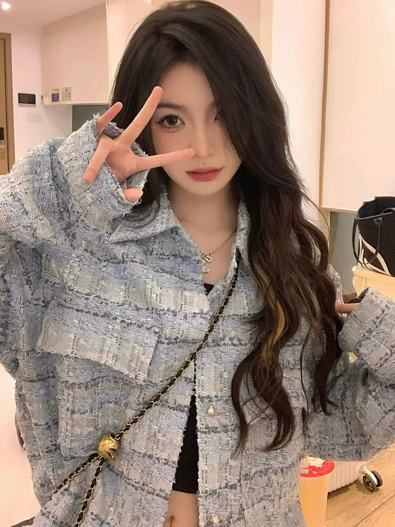 

Blue Long Sve irt Jaet Women's Early Autumn 2025 New High-End Loose Versatile Top Collar Button Plaid Commute Sle