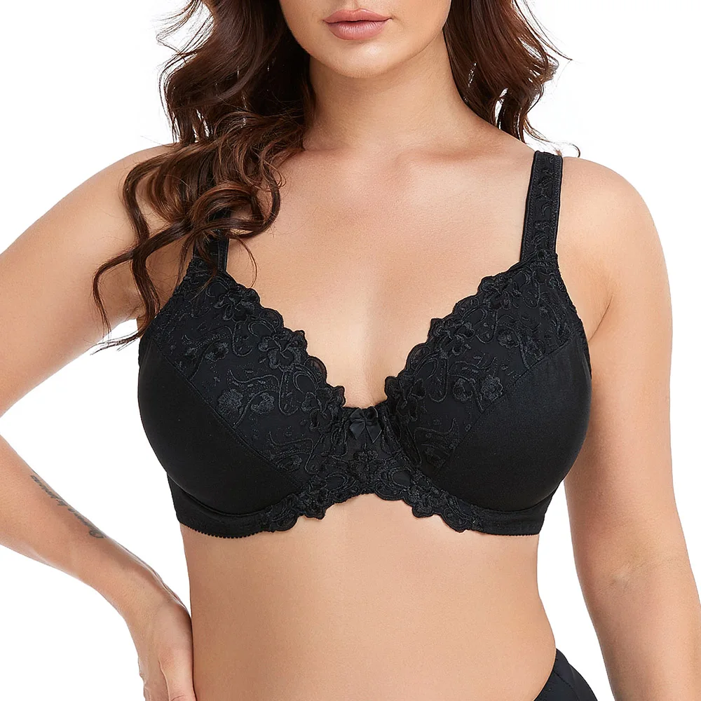 Minimizer Bra Plus Size Women Full Coverage Non-Padded Underwire Lace Black Floral Embroidery For Female B C D E F G H I J