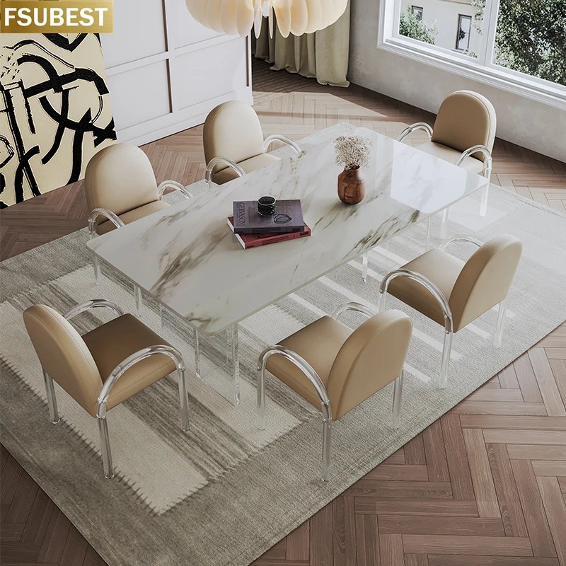 FSUBEST Free Shipping Italian White Rock Slab Dining Table With Chair Clear Acrylic Floating Base Tables Chairs Home Furniture