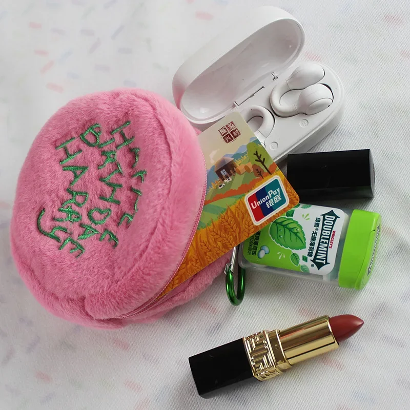 Pink Mini Round Makeup Bag Coin Purse Earphone Card Storage Bag Cute Plush Portable Cake Bag Pouch Storage