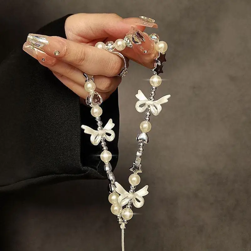 Trendy Clear Star Keychains Charm with Mixed Pearls Easy Carry Phone Lanyard Multipurpose Hanging Rope for Phone 77JC