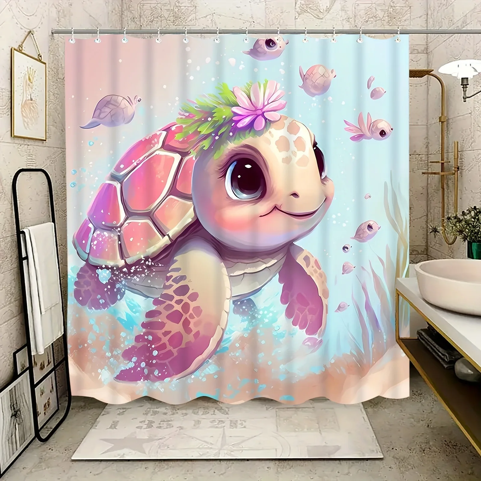 

Pink baby turtle pattern Shower Curtain Washable Dirt-Resistant Shower Head waterproof Polyester Bath Curtain For Home Decor