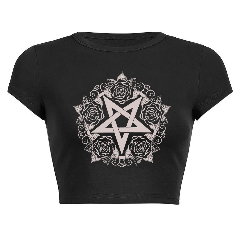 Damska koszulka Harajuku American Vintage Creative Pentagram Pattern Print Harajuku Street Hip-hop Harajuku Trendy Versatile Top