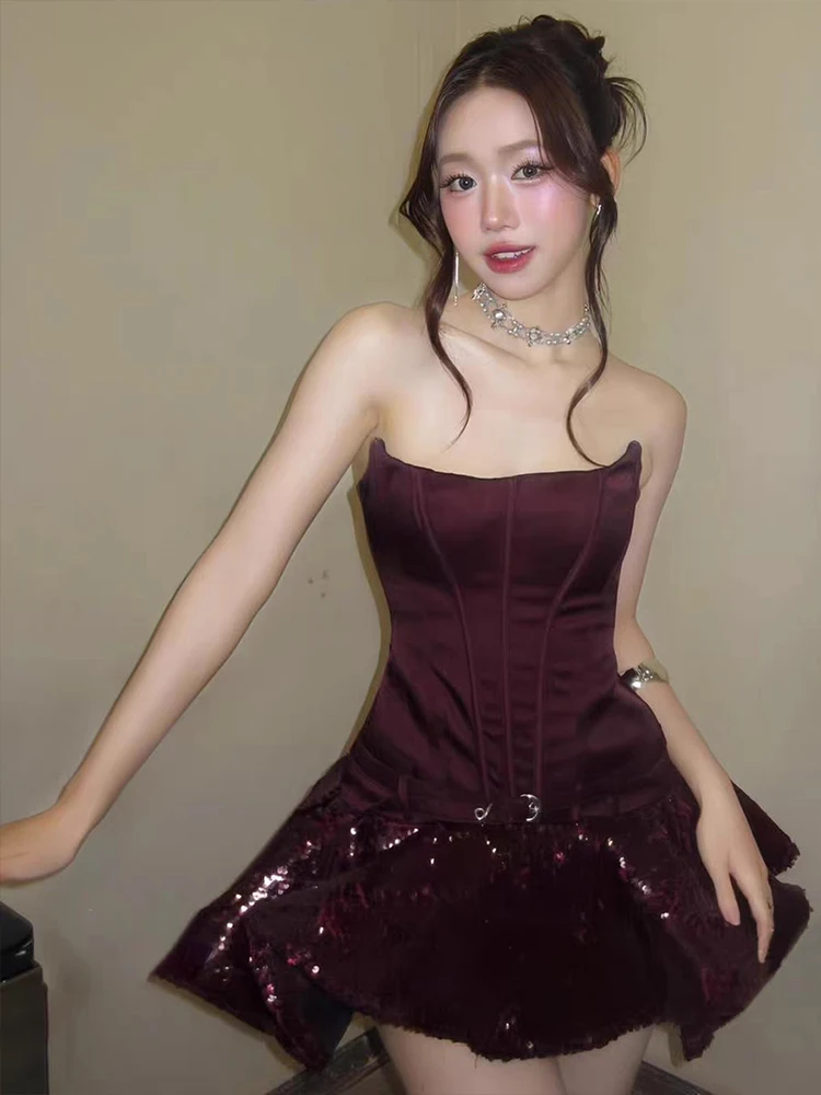 니버 패치워크 드레스 여성용 스팽글 퍼프 밑단 피쉬본 벨트 버클 장식 로우넥 민소매 생일 파티 미니 바디콘