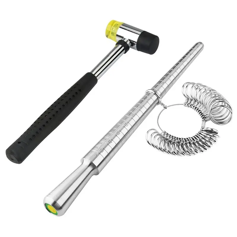 Ring Size Measuring Tool With Metal Ring Mandrel, Ring Gauges Finger Sizer And Rubber Jewelry Hammer For Jewelry Making