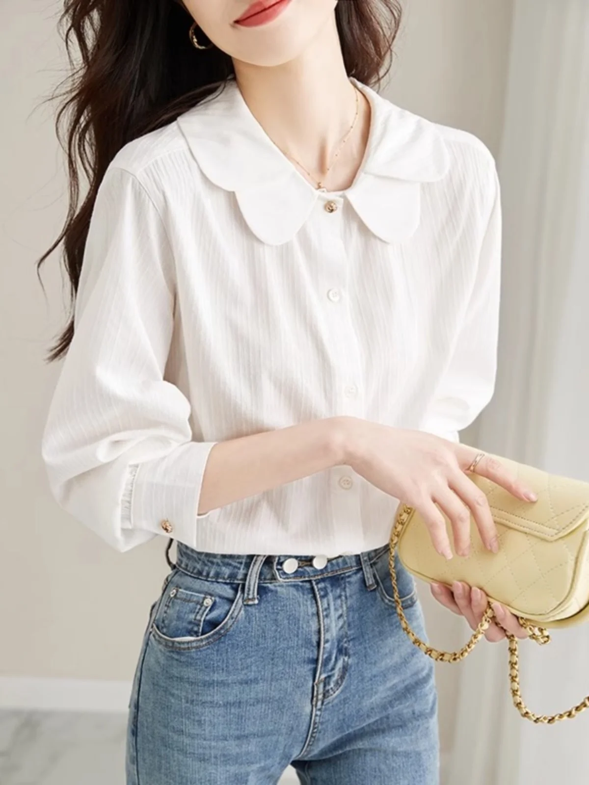 

Elegant Long Sleeve Chiffon Shirt Women's Autumn Winter Loose Style Doll Collar Slimming Top Commute Style Pure Color