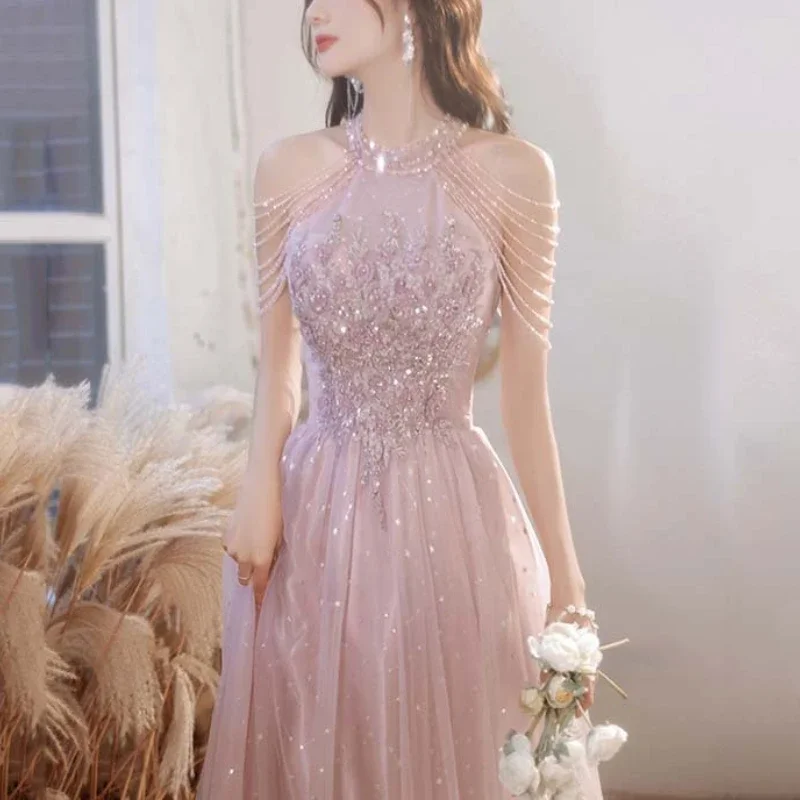 

Pink Long Tassel Evening Dresses High Waist Slim Fit Temperament Host Birthday Wedding Dress Fashion Sequins Club Party Dresses