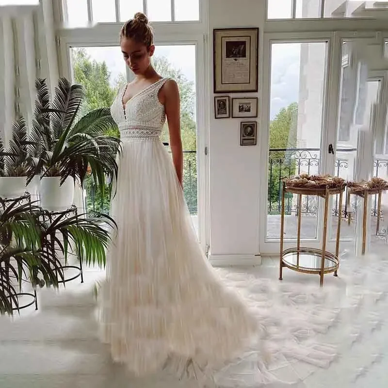 فساتين زفاف مخصصة من فيستدو دي نوفيا بوهو على الشاطئ من الدانتيل فساتين زفاف أنيقة بوهيمية من التل على شكل حرف A فستان زفاف