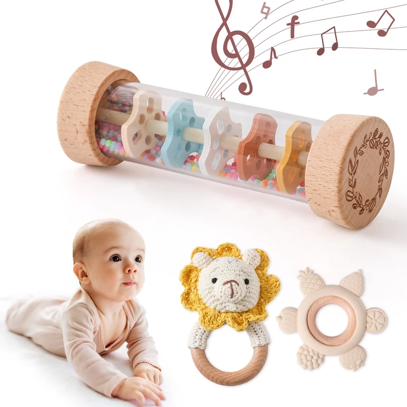 3pcs Rain Stick Rainbow Hourglass Rattle Toys Set BPA Free Silicone Soothing Toys Crochet Animal Wooden Bracelet Teether Toys