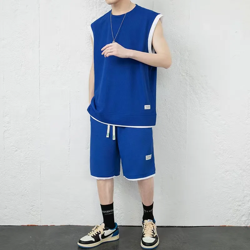 

2023 New Style Men Summer Tracksuits Casual Sleeveless Tanks And Pants Two-Pieces Sports Set Teenagers Campus Running Clothes