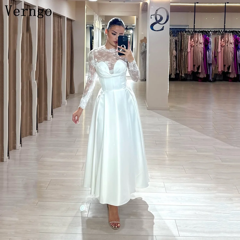 

Verngo White Satin Evening Dress High Neck Full ALine Prom Gowns Women Elegant Ankle Formal Occasion Dress Customized