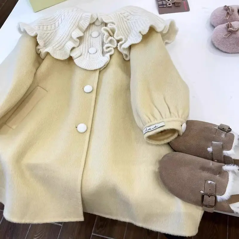 Mädchen Woll mantel Mantel Jacke Windschutz gelb warm verdicken Winter Baumwolle Teenager Outwear Kinder kleidung