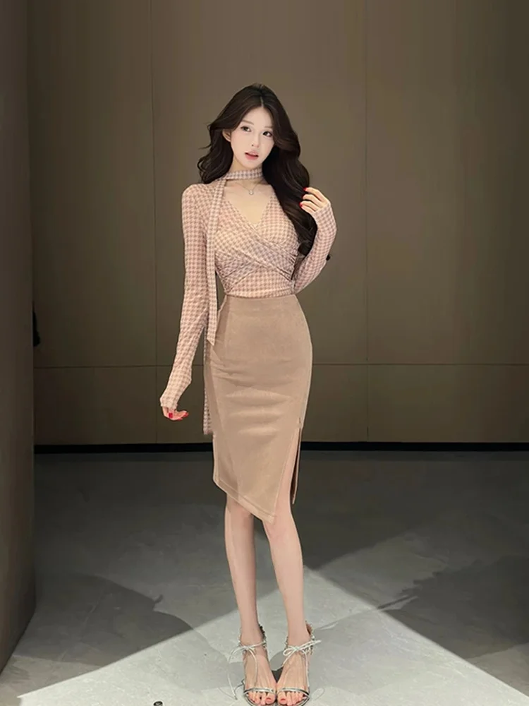 

XZY Crossed Mesh Long Sleeve High Waist Bodycon Skirt Set plus Size Women's Korean Style Commute Autumn Winter Fashion