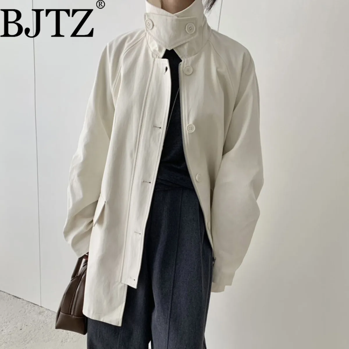 

BJTZ Women's Autumn Belted Trench Coat Casual Elegant Minimalist Solid Color High Quality Designer Jacket Chic New Arrival 2025