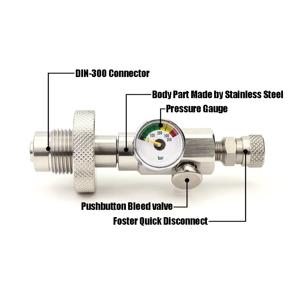 Diving Charging Adapter DIN300 Fill Station 5/8BSP Connector With Gauge And Push Bleed Valve Rated 300Bar