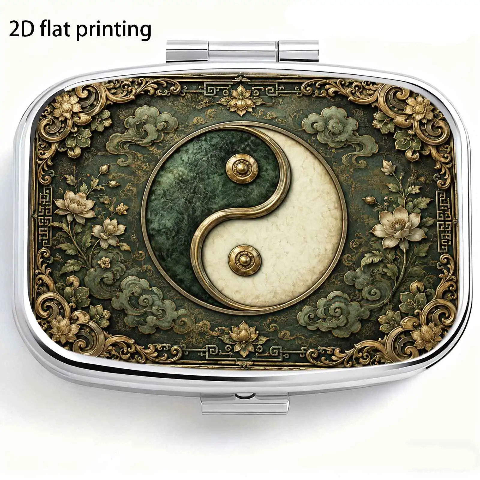 Retro Green Plant and Floral Patterns Surround the Tai Chi Yin-Yang Pattern, a Small Square Pill Storage Box with Two Compartments, Portable Medicine Organizer, Can Also Be Used as a Home Portable Organizer, Decorative Box, Perfect for Handbags, Wallets, and Travel, Metal Storage Box, Small Jewelry Organizer, Ideal for Holiday Gifts, Souvenirs, Prizes, and Small Gifts