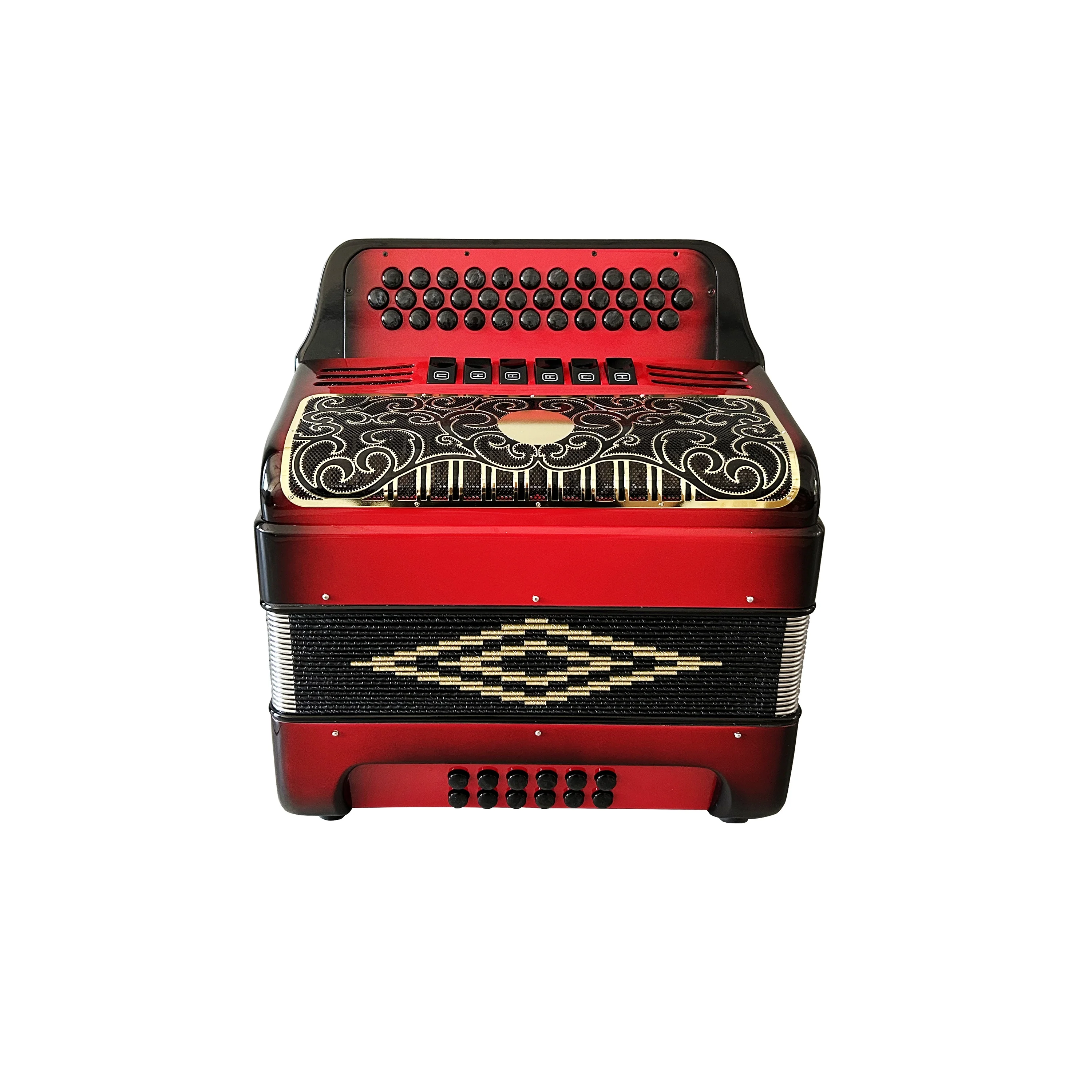 Professional Diatonic Accordion 34-Button 12-Bass 6-Registers Red Black Wood Body Gold Grill Buttons