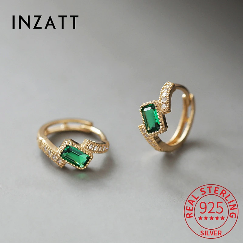 

INZATT Real 925 Sterling Silver Zircon Rectangle Emerald 18k Hoop Earrings for Women Classic Fine Jewelry Geometric Accessories