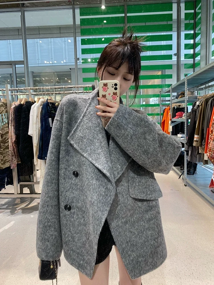 

High-end Short Double-sided Cashmere Coat Women Spring Autumn New Loose Double Breasted Woolen Coats Fashion Tweed Jacket Female