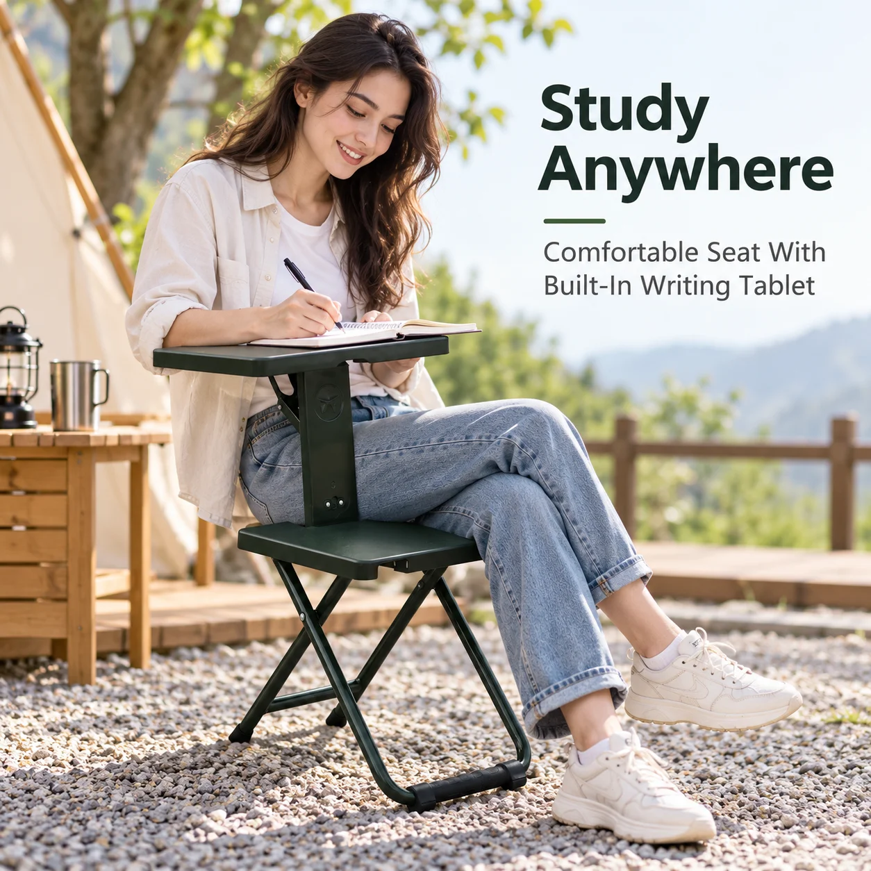 AOLIVIYA Folding Camping Chair With Writing Tablet Portable Study Desk Stool Compact Metal Frame Seat For Outdoor Fishing
