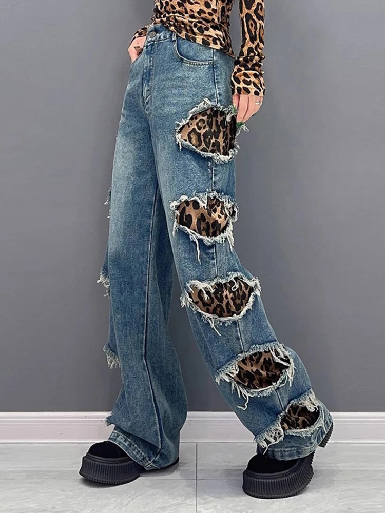 [EAM] High Waist Leopard Print Burr Denim Long Casual Wide Leg Jeans New Women Trousers Fashion Tide Spring Autumn 2024 1DH5214