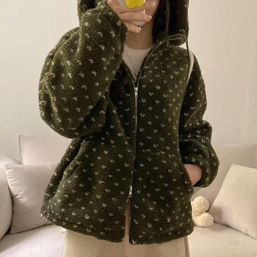 Chic Autumn Winter Hooded Zipper Design Lamb Fur Lined Thiened Cotton Jaet Women's Heart aped Coat Sli Agel Eleg...