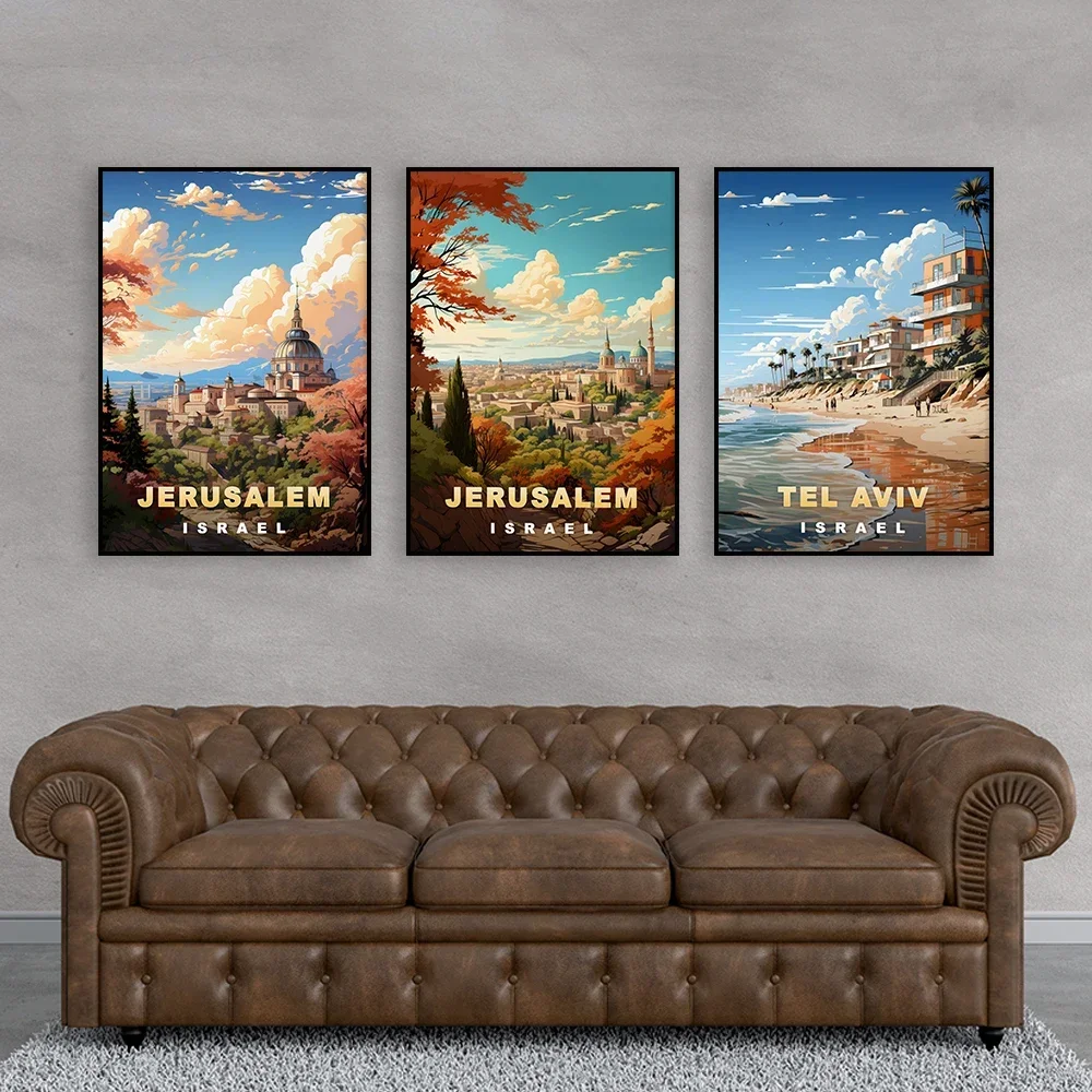 1pc frameless Canvas Painting Jerusalem Travel Poster Colorful Israel Tel Aviv Travel Prints Vintage Middle East Cities Canvas P
