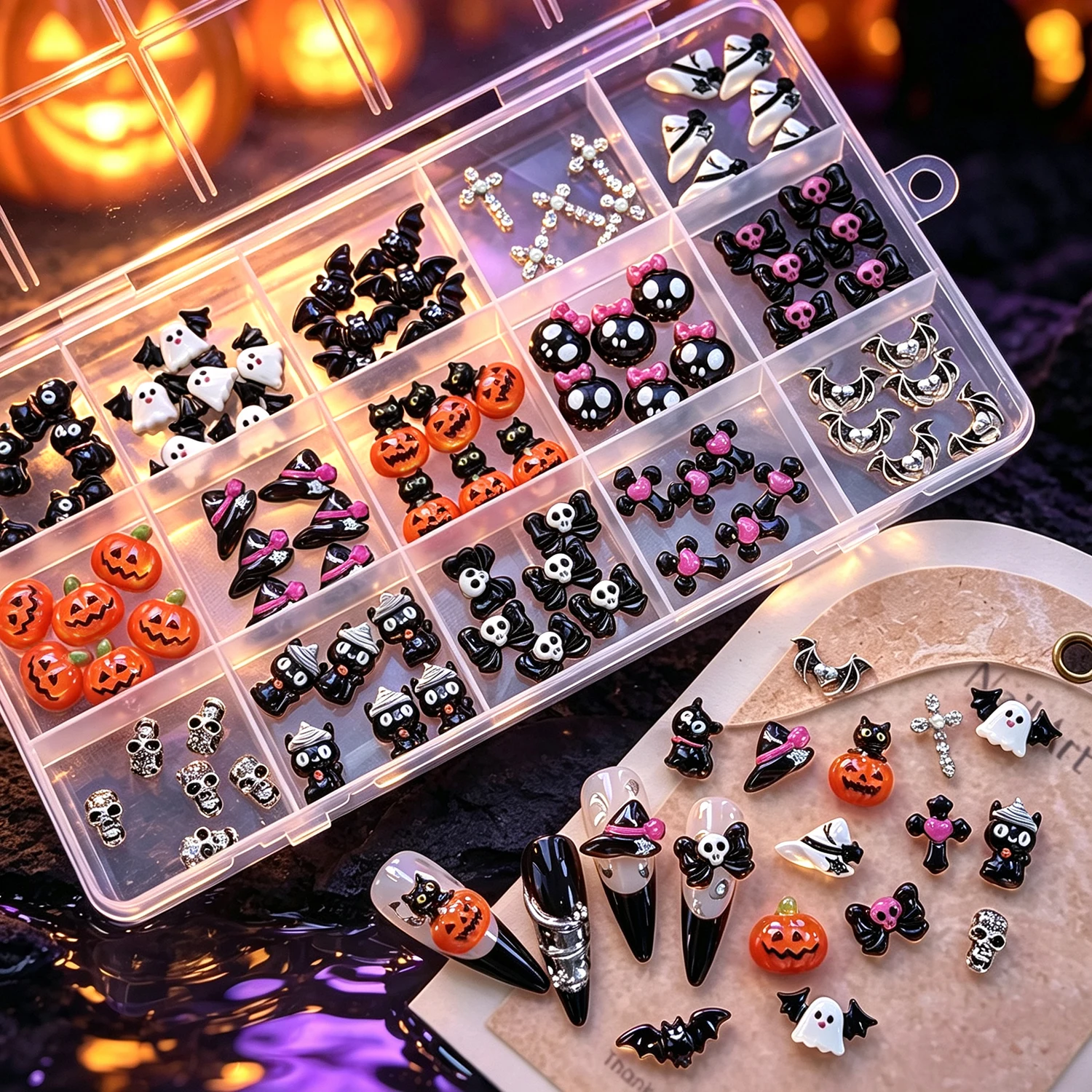 15Grid 3D Niedliche Halloween-Kürbis/Schädel/Geist/Kreuz Nagelsteine Schwarze Katze Schleife Fledermaus Nagel-Charms Harz Flache Rückseite Halloween Nageldekoration – Detail 2