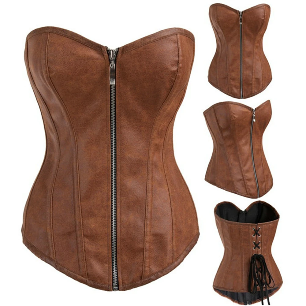 

Brown Overbust Corset For Women Steampunk PU Faux Leather Front Zip Lingerie Sexy Body Shaper Bustiers Top