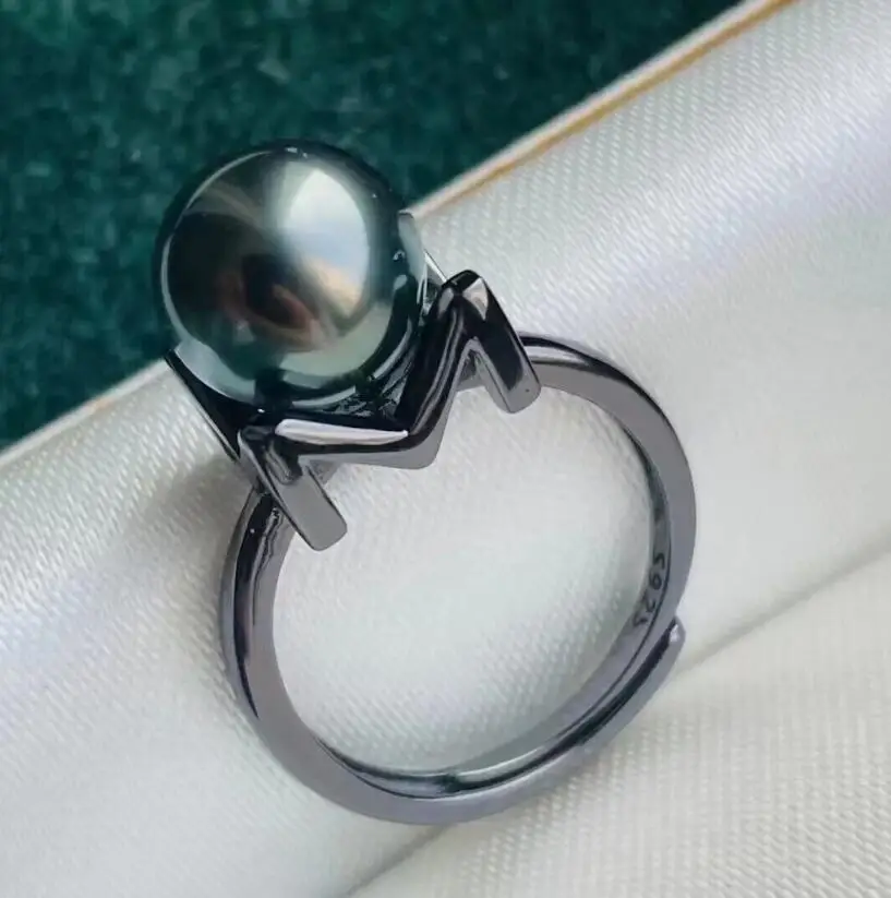 stunning 9-10mm tahitian round black green pearl ring 925s
