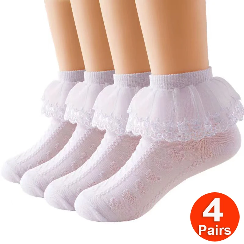 

4Pairs Baby Girls Lace Ruffle Frilly Princess Ankle Socks Set Kids Children White School Dance Wedding Sock Spring