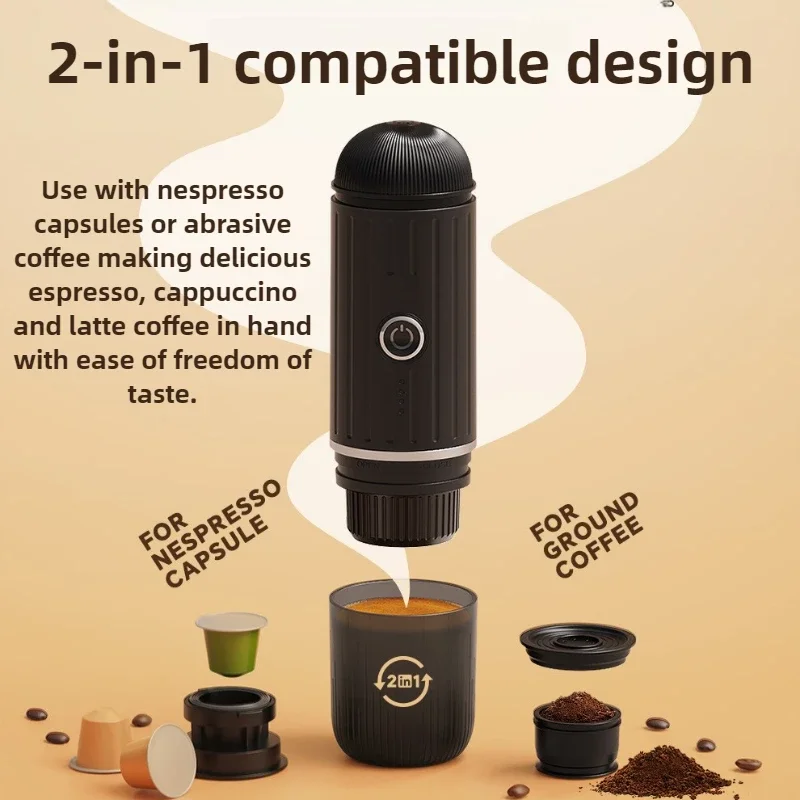 

Портативная беспроводная кофемашина 2-в-1 с функцией подогрева, ручная электрическая кофемашина для эспрессо, автомобильная кофемашина двойного назначения