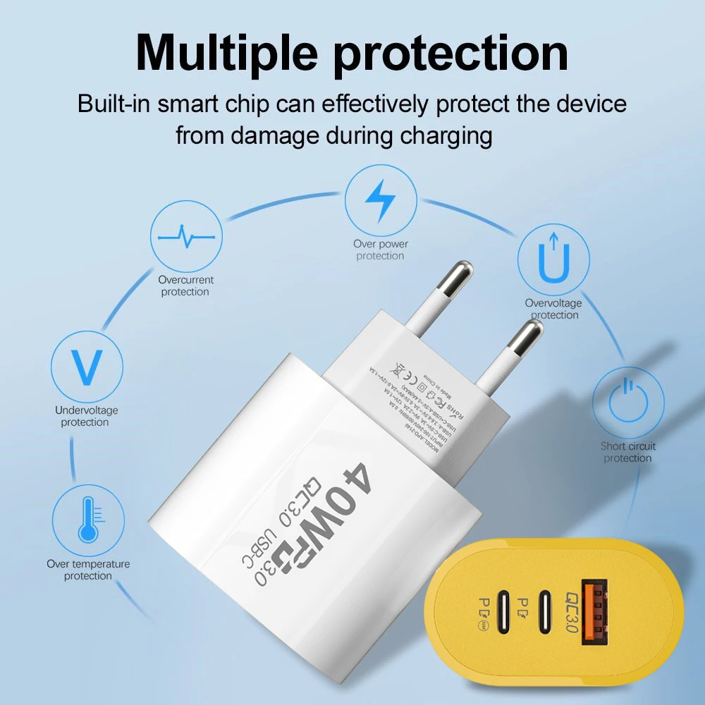 3-portowy adapter do ładowania telefonu komórkowego Podwójna szybka ładowarka typu C do iPhone15 Pro/Max Laptop Samsung USB-A 40W QC3.0 dla Androida