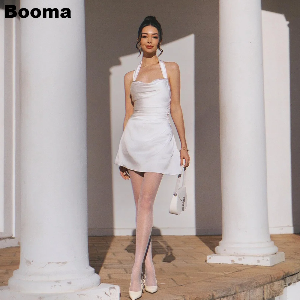 Booma Simple Mini Wedding Party Gowns for Women Halter Satin Pleats Brides Party Dresses Special Occasion Gowns Cocktail Dress