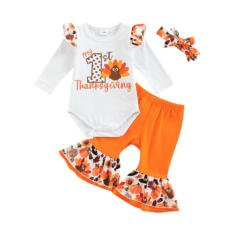 

Baby Girl Pants Suit Thanksgiving Day Long Sleeve Round Neck Romper Shirt Bell-Bottoms Trousers Headband