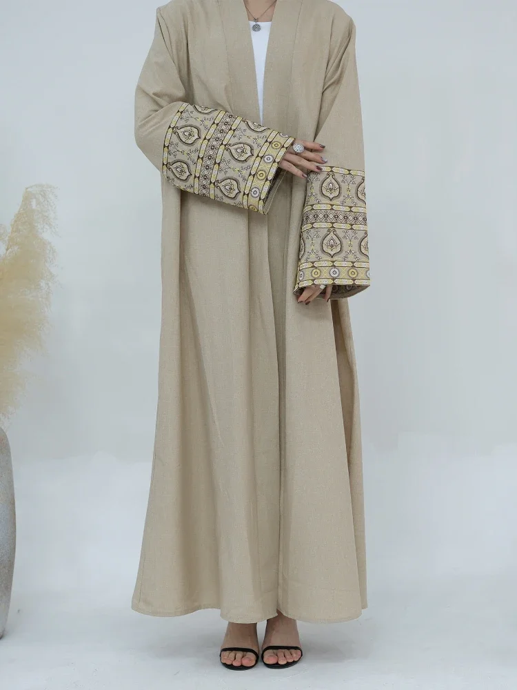 여성용 면 리넨 아바야 드레스 자수 무슬림 이드 로브 모로코 라마단 아바야 카프탄 이슬람 카디건 두바이 아랍 롱 로브