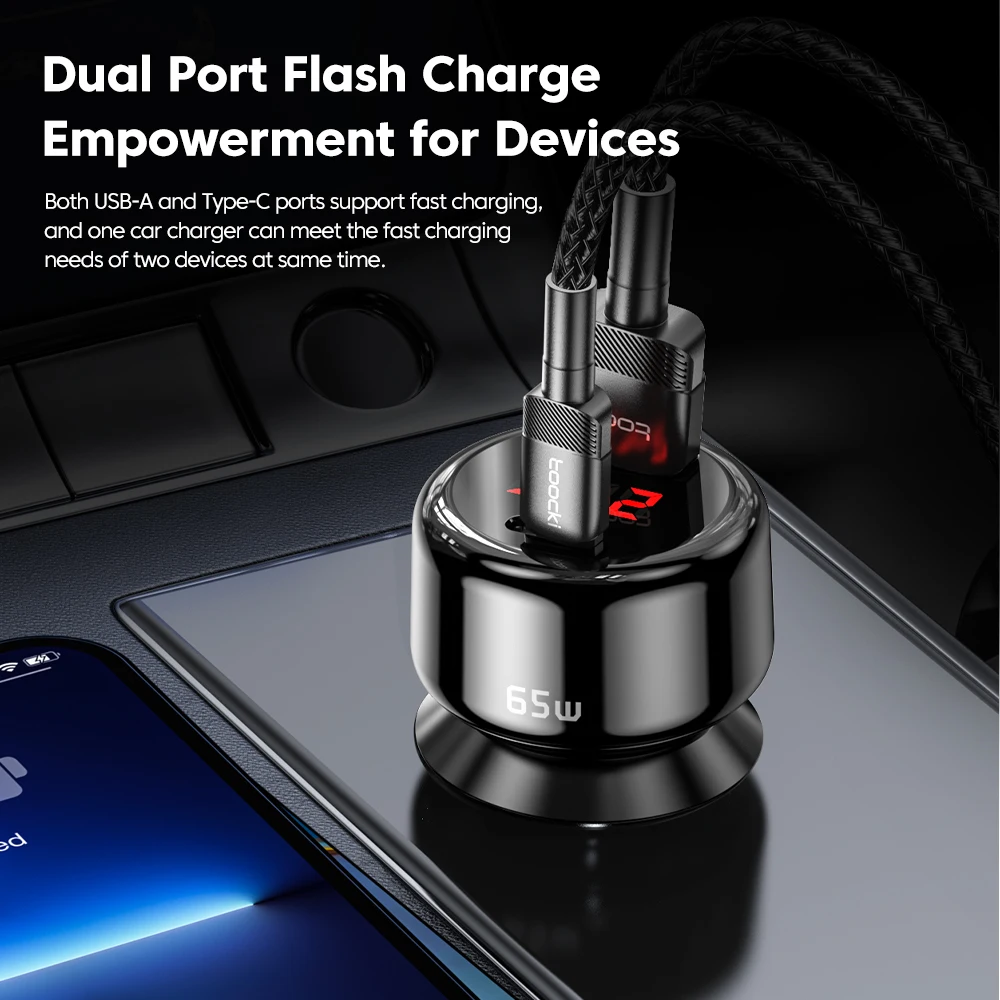 Caricabatterie USB Toocki 65W caricabatteria da auto ricarica rapida QC4.0 3.0 caricatore USB C per Xiaomi Samsung iPhone Display a LED caricatore per telefono da auto