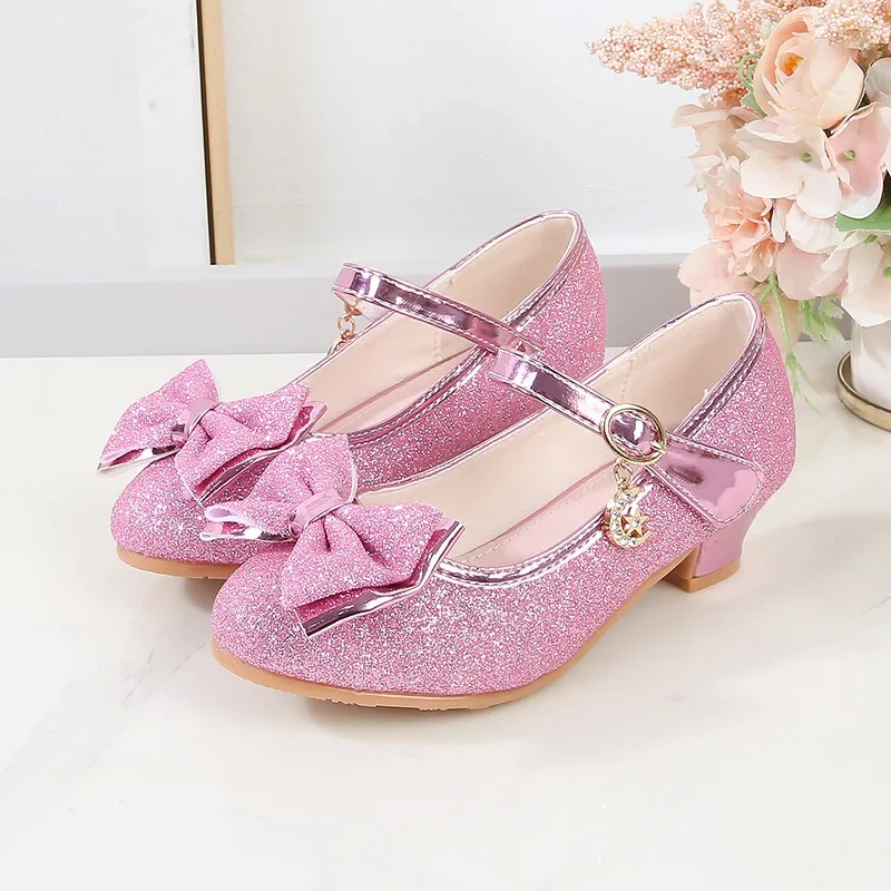 Girl Leather Shoes Mary Jane Sequins Bowtie Kids Princess Causal Dress Shoes for Party Wedding Fashion Sweet Children High Heels