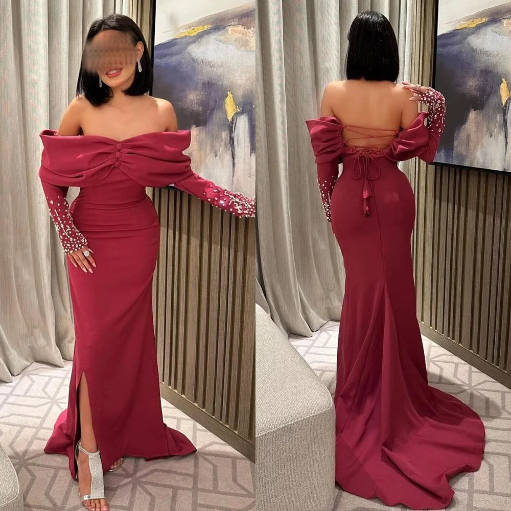 Customized High Quality Jersey Pleat Beading Sequined Trumpet Off-the-shoulder Long Dresses Homecoming Dresses Elegant Chinese S