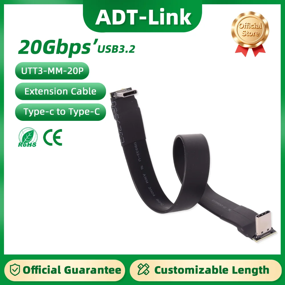 ADT-Link USB 3.2 Type C to Type C Flat Data Flexible Soft Strip Extension Cable C Male Type-C Lightweight and Shortgen Gen2x2