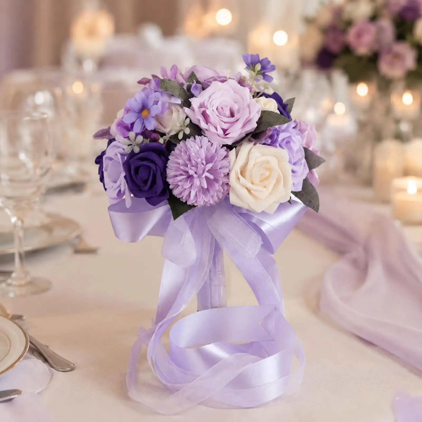 Silk Flower Bridal Bouquet for Wedding Bride Lilac Tone Rounded Design with Ribbon Wrapped Stem Lightweight Comfortable Carry