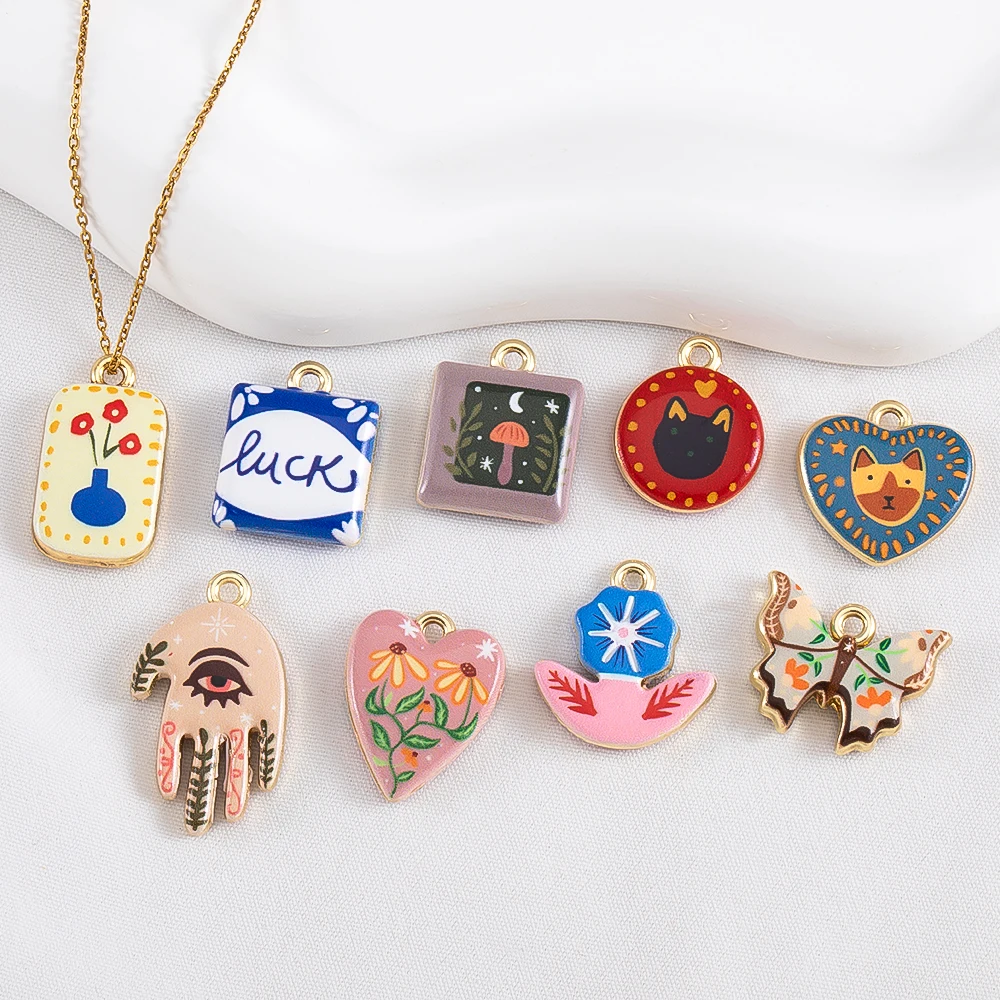 2Pcs Double Sided Oil Drop Painted Pendant Charms Cat Dog Flower Butterfly for DIY Jewelry Making Necklace Earrings Accessories