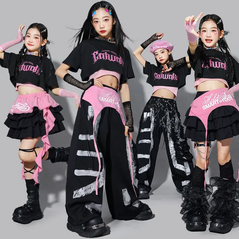 

Одежда для танцев в стиле K-pop для девочек, сценический костюм для джазовых выступлений, розовый топ, свободные брюки, детский костюм для выступлений, модная уличная танцевальная одежда 3428