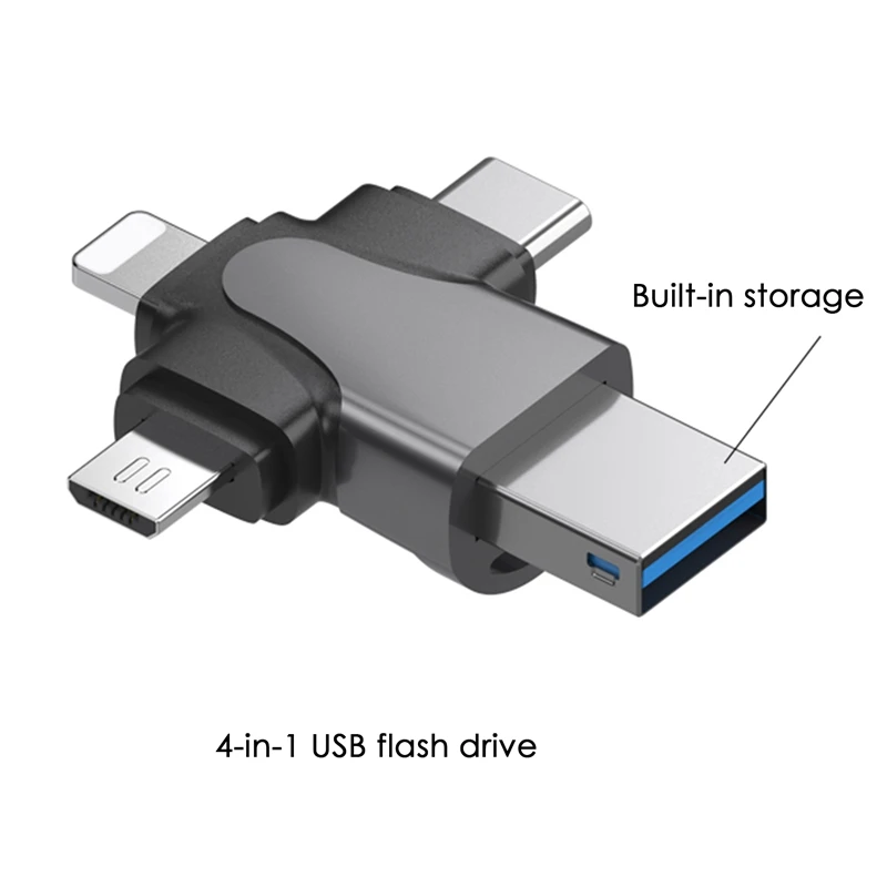 محرك أقراص فلاش متعدد الوظائف للهاتف المحمول والكمبيوتر ، محرك أقراص فلاش USB فضي ، 4 في 1 ، 1 قطعة