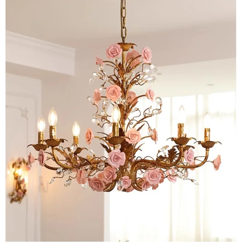 

French pastoral retro rose crystal living room chandelier American country clothing store dining room bedroom candle lamp