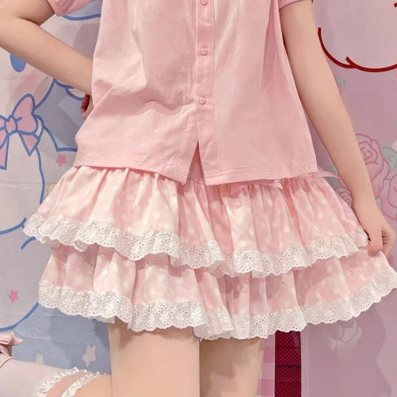 

Summer Pleated Skirt Girl Japan Elegant High Waist A-Line Bow Lolita Cake Skirts 2025 Womens Kawai Lace Ruffles Y2k Short sdds2