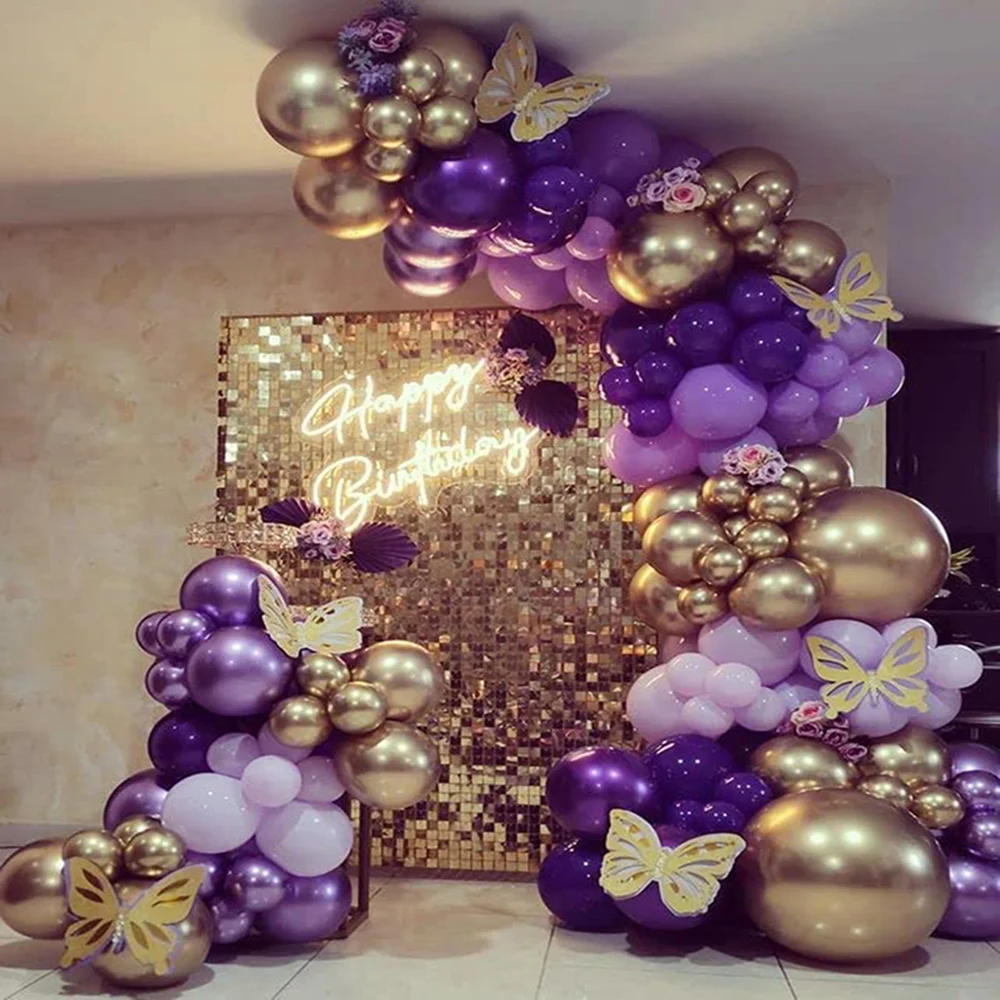 139Pcs Dark Purple Light Balloon Garland Arch Kit Metal Purple Gold Latex Balloons Wedding Party Bridal Baby Shower Birthday Dec