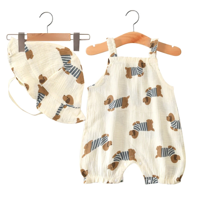 Baby Cartoon Dog Romper and Hat Set, Musselina verão roupas para meninos e meninas, respirável sem mangas crianças macacão, criança infantil Onesies