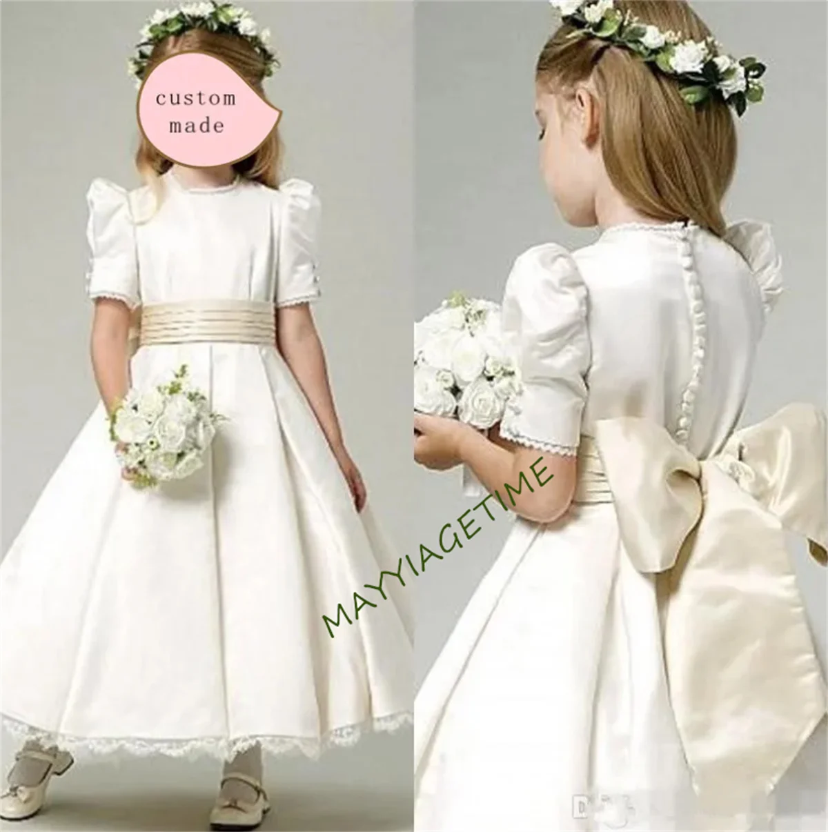 Hot Flower Girl Dress White A-Line Bow Sash Sleeveless Solid O-Neck Girls First Communion Dress Hot Sale Vestido De Comunion