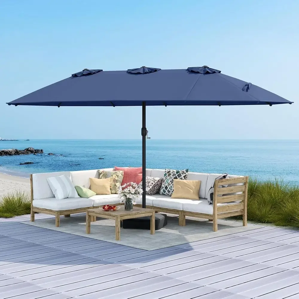 Extra Large 15ft Patio Umbrella with Crank, Metal Ribs, Air Vents, and Sand Bag Base for Outdoor Backyard Pools - Navy